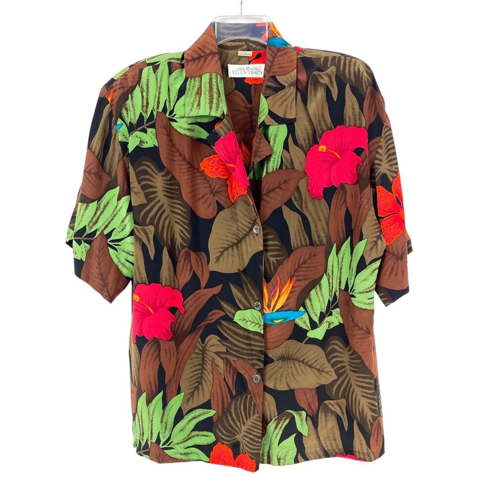 Vintage Linda Allard for Ellen Tracey Silk Print Hawaiian Shirt Women's Sz 12